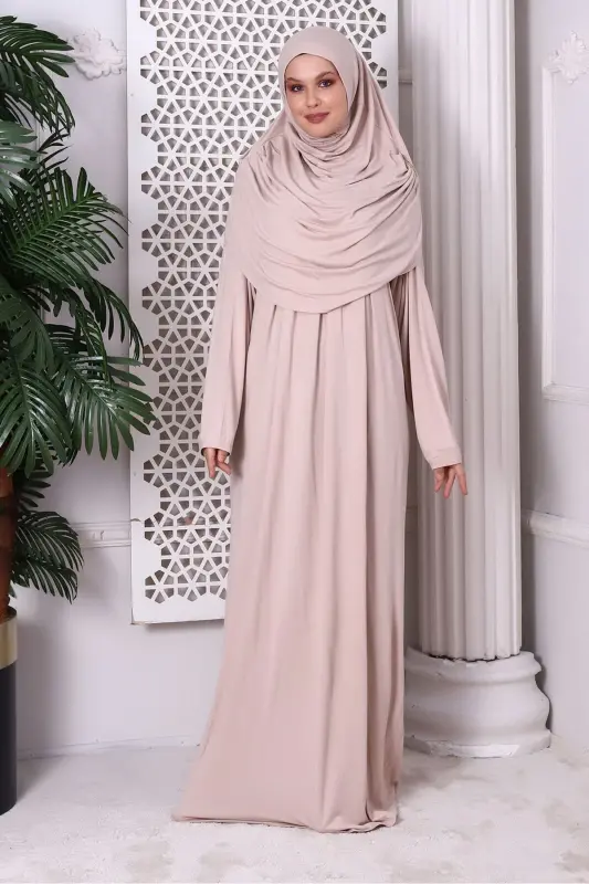One Piece Practical Headscarf Robe Prayer Dress 8015 Beige-Beige - 3