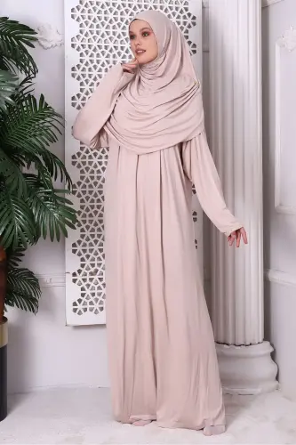 One Piece Practical Headscarf Robe Prayer Dress 8015 Beige-Beige - 4