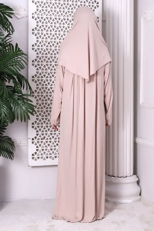 One Piece Practical Headscarf Robe Prayer Dress 8015 Beige-Beige - 6