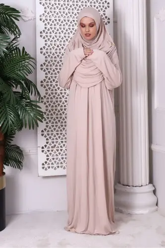 One Piece Practical Headscarf Robe Prayer Dress 8015 Beige-Beige - IHVAN ONLINE (1)