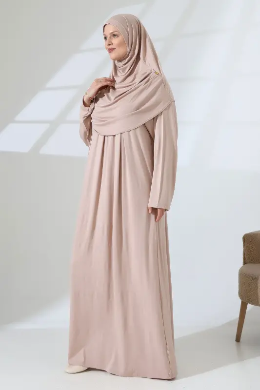One Piece Practical Headscarf Robe Prayer Dress 8015 Beige-Beige - 2