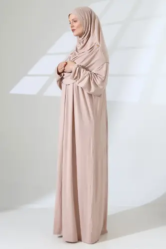 One Piece Practical Headscarf Robe Prayer Dress 8015 Beige-Beige - 5