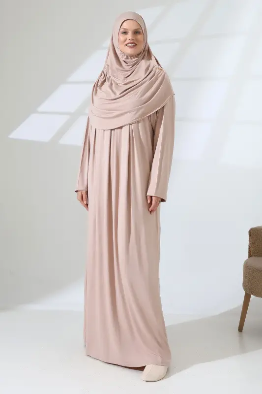 One Piece Practical Headscarf Robe Prayer Dress 8015 Beige-Beige - 7