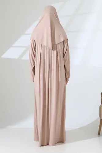 One Piece Practical Headscarf Robe Prayer Dress 8015 Beige-Beige - 8