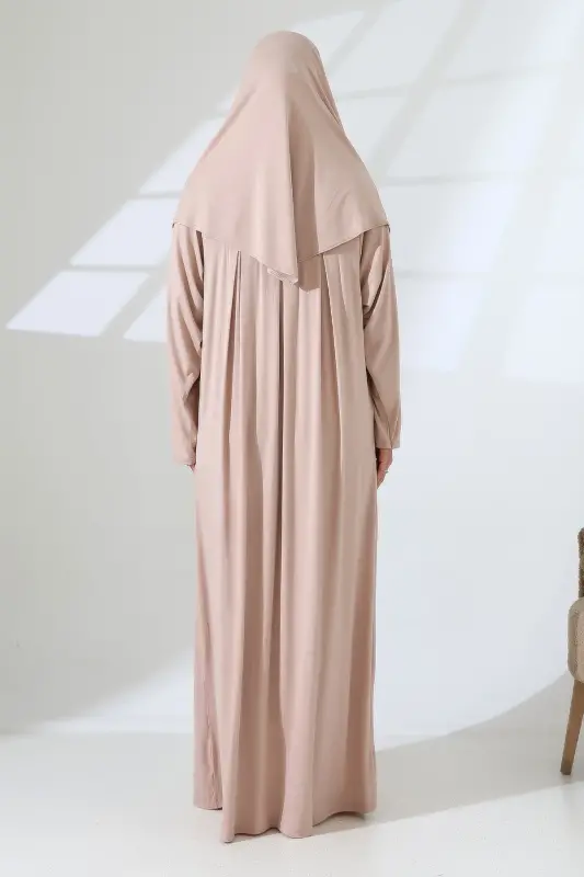 One Piece Practical Headscarf Robe Prayer Dress 8015 Beige-Beige - 8
