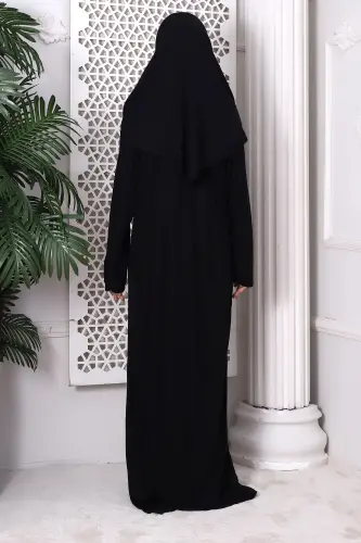One Piece Practical Headscarf Robe Prayer Dress 8015 Black-Black - 13