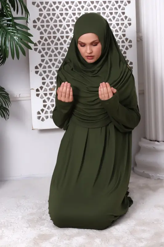 One Piece Practical Headscarved Robed Prayer Dress 8015 Khaki - Khaki - 5