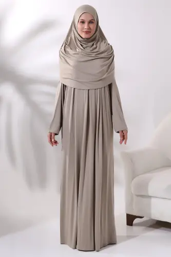 One Piece Practical Hijab Robe Prayer Dress 8015 Mink - Beige1 - 1