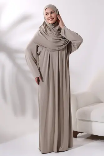 One Piece Practical Hijab Robe Prayer Dress 8015 Mink - Beige1 - 3