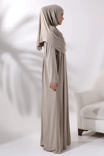 One Piece Practical Hijab Robe Prayer Dress 8015 Mink - Beige1 - 4