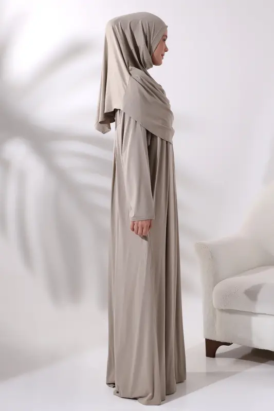 One Piece Practical Hijab Robe Prayer Dress 8015 Mink - Beige1 - 4