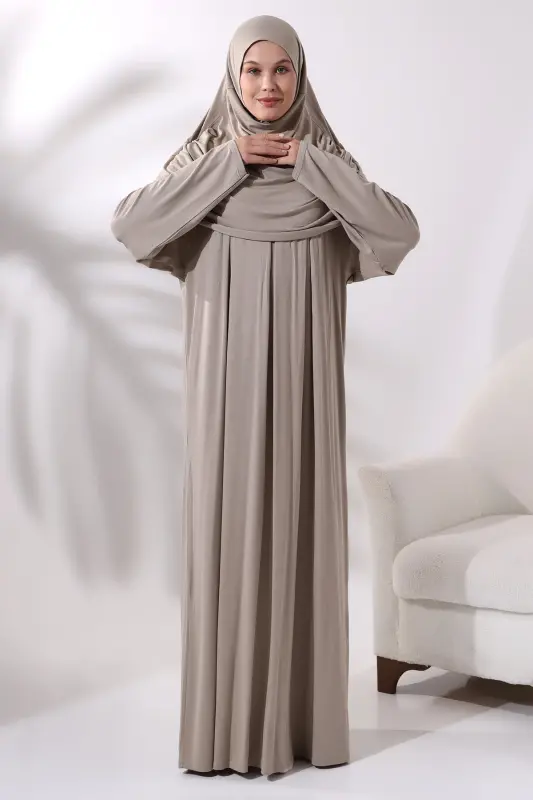 One Piece Practical Hijab Robe Prayer Dress 8015 Mink - Beige1 - 5