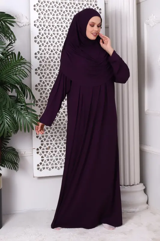 One-Piece Practical Hijab Robe Prayer Dress 8015 Plum - Plum - 3