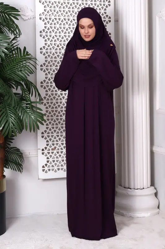 One-Piece Practical Hijab Robe Prayer Dress 8015 Plum - Plum - 4