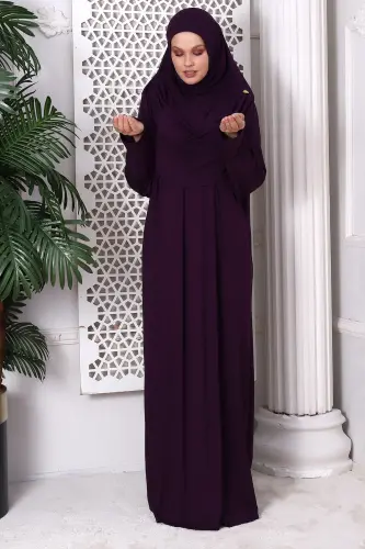 One-Piece Practical Hijab Robe Prayer Dress 8015 Plum - Plum - 5