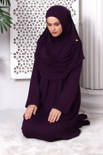 One-Piece Practical Hijab Robe Prayer Dress 8015 Plum - Plum - 6
