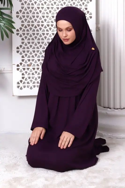 One-Piece Practical Hijab Robe Prayer Dress 8015 Plum - Plum - 6