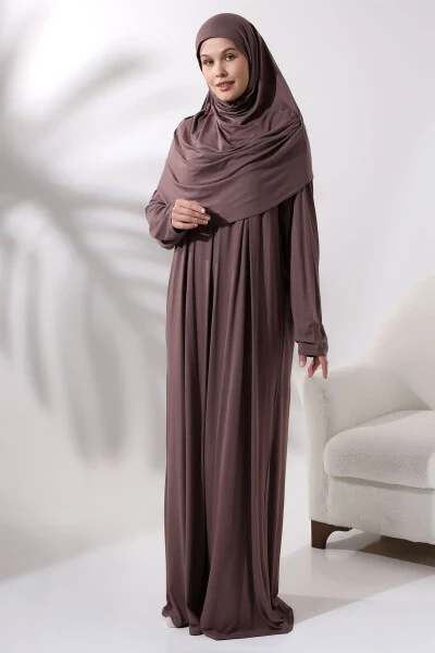 One Piece Practical Prayer Dress with Hijab 8015 Coffee Milk - IHVAN ONLINE (1)
