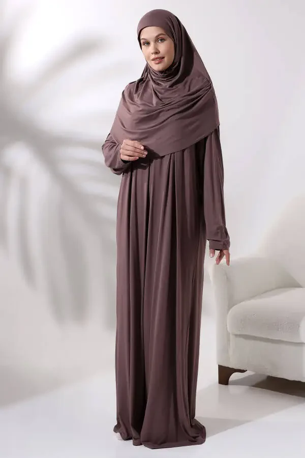 One Piece Practical Prayer Dress with Hijab 8015 Coffee Milk - 2