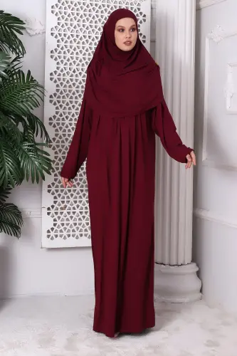 One-Piece Practical Prayer Dress with Yoke 8015 Burgundy - Burgundy 