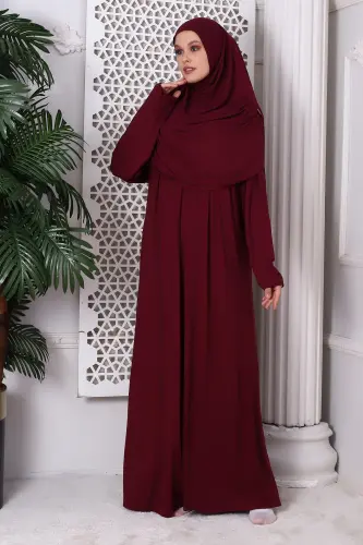 One-Piece Practical Prayer Dress with Yoke 8015 Burgundy - Burgundy - 3