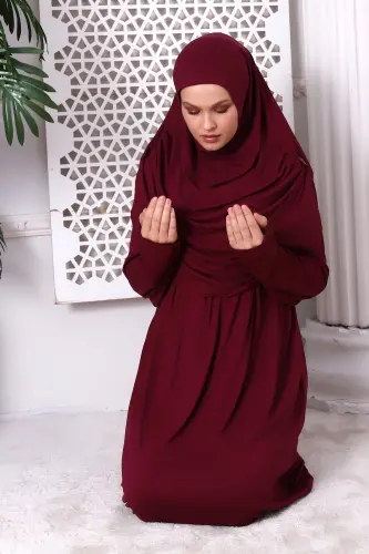 One-Piece Practical Prayer Dress with Yoke 8015 Burgundy - Burgundy - 6