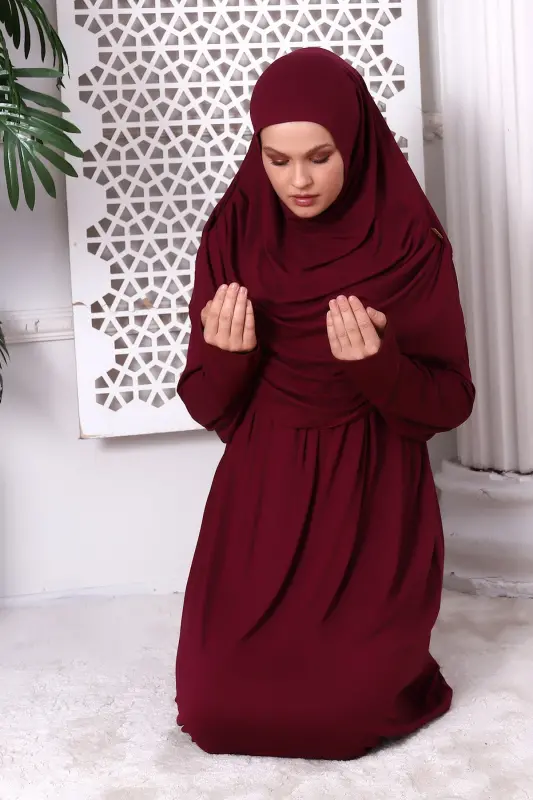 One-Piece Practical Prayer Dress with Yoke 8015 Burgundy - Burgundy - 6