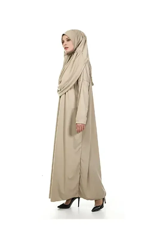 One Piece Prayer Dress - Mink - 5015 And Prayer Rug And Dhikr Counter - Triple Set - Mink - 3