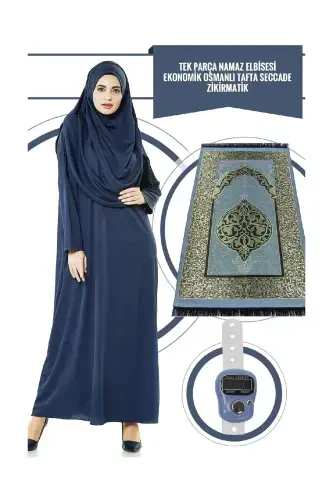 One Piece Prayer Dress - Navy Blue - 5015 And Prayer Rug And Dhikrmatic - Three Piece Set-Navy Blue - 1