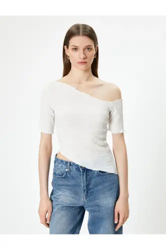One Shoulder Asymmetric Collar Blouse Short Sleeve Textured - 3