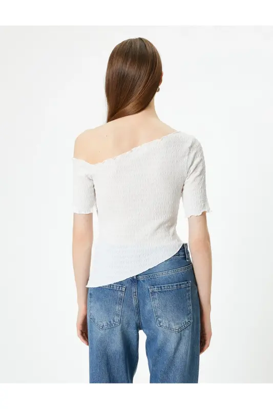 One Shoulder Asymmetric Collar Blouse Short Sleeve Textured - 4