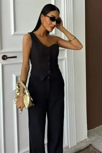 One Shoulder Bustier Plazzo Pants Viscose Set 10159 - BÜYÜKBEDENIZ (1)