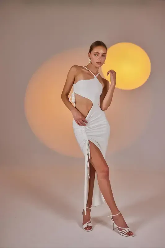 One Shoulder Cut Out Ruched Stretch Ellie Dress White - 1