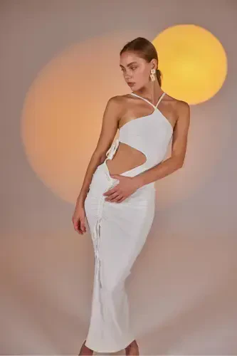 One Shoulder Cut Out Ruched Stretch Ellie Dress White - 2