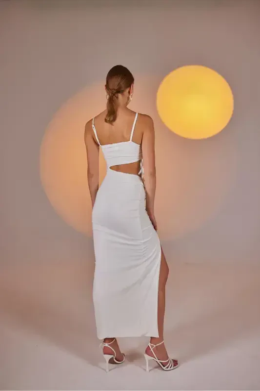 One Shoulder Cut Out Ruched Stretch Ellie Dress White - 3