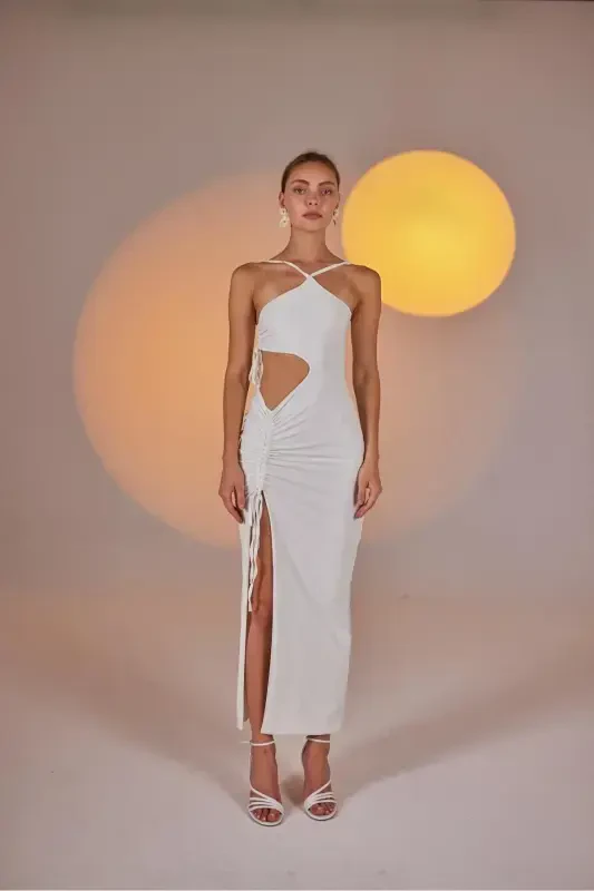 One Shoulder Cut Out Ruched Stretch Ellie Dress White - 6