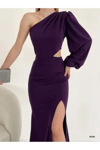 One Shoulder Deep Slit Evening Dress Abiye Purple 749-Purple 
