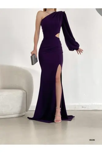 One Shoulder Deep Slit Evening Dress Abiye Purple 749-Purple - 2