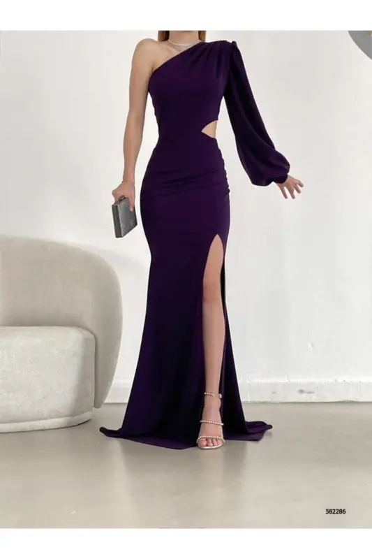 One Shoulder Deep Slit Evening Dress Abiye Purple 749-Purple - 2