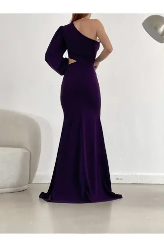 One Shoulder Deep Slit Evening Dress Abiye Purple 749-Purple - 3