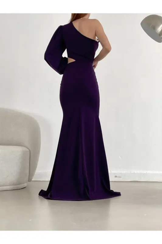One Shoulder Deep Slit Evening Dress Abiye Purple 749-Purple - 3