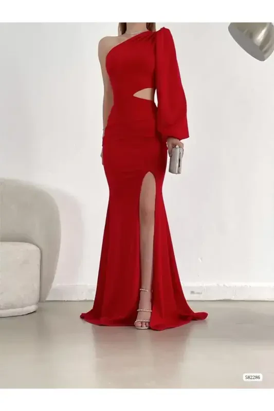 One Shoulder Evening Dress Abiye 582286-RED - 1