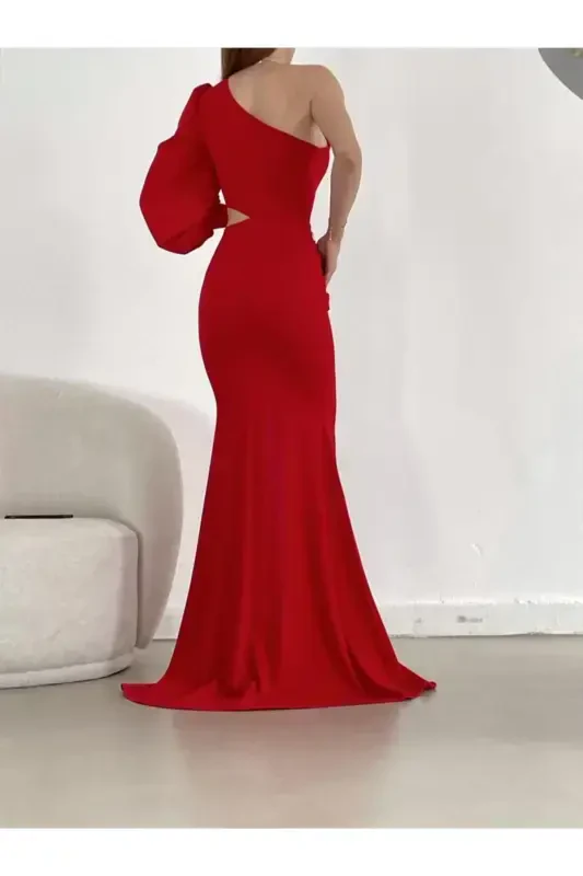 One Shoulder Evening Dress Abiye 582286-RED - 6
