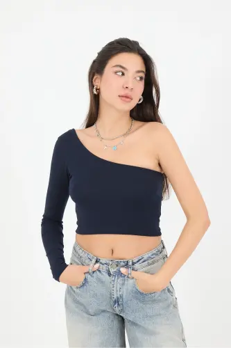 One Shoulder Long Sleeve Crop Blouse B13784-F1-Navy - 5