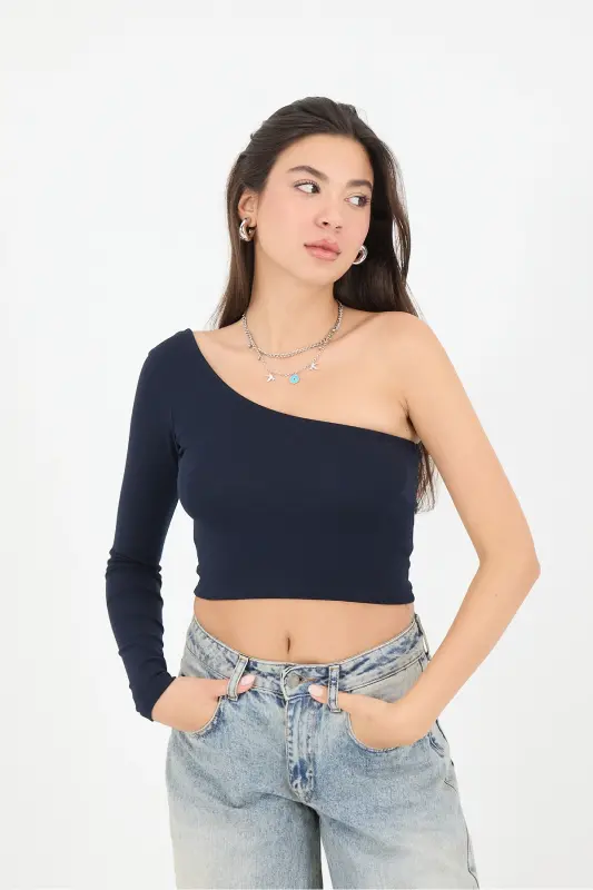 One Shoulder Long Sleeve Crop Blouse B13784-F1-Navy - 5