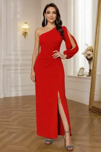 One-Shoulder Open Thigh Slit Crepe Full Length Dress - BÜYÜKBEDENIZ (1)