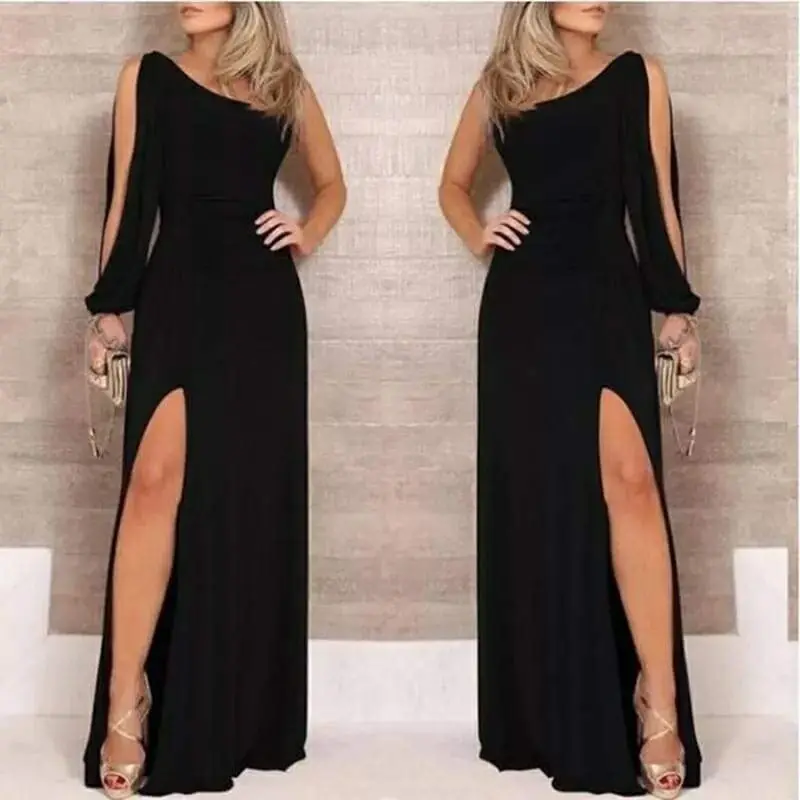 One Shoulder Open Thigh Slit Crepe Maxi Dress - 1
