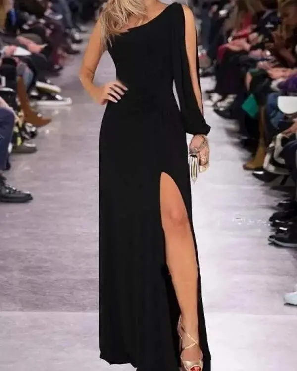 One Shoulder Open Thigh Slit Crepe Maxi Dress - 2