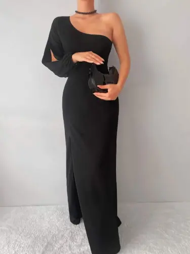 One Shoulder Open Thigh Slit Crepe Maxi Dress - 5