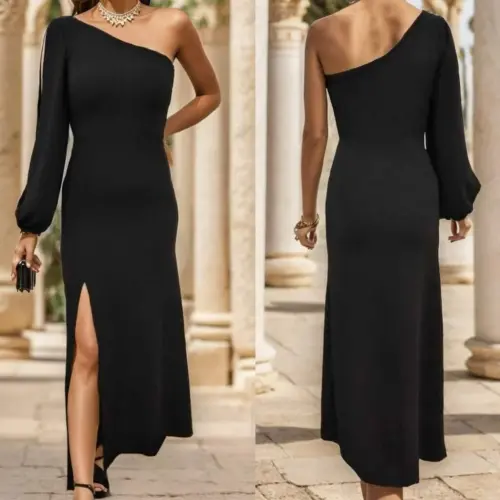 One Shoulder Open Thigh Slit Crepe Maxi Dress - 7